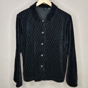 INTIMATES Black Velour Long Sleeve Button-Up Cardigan with Collar Size L